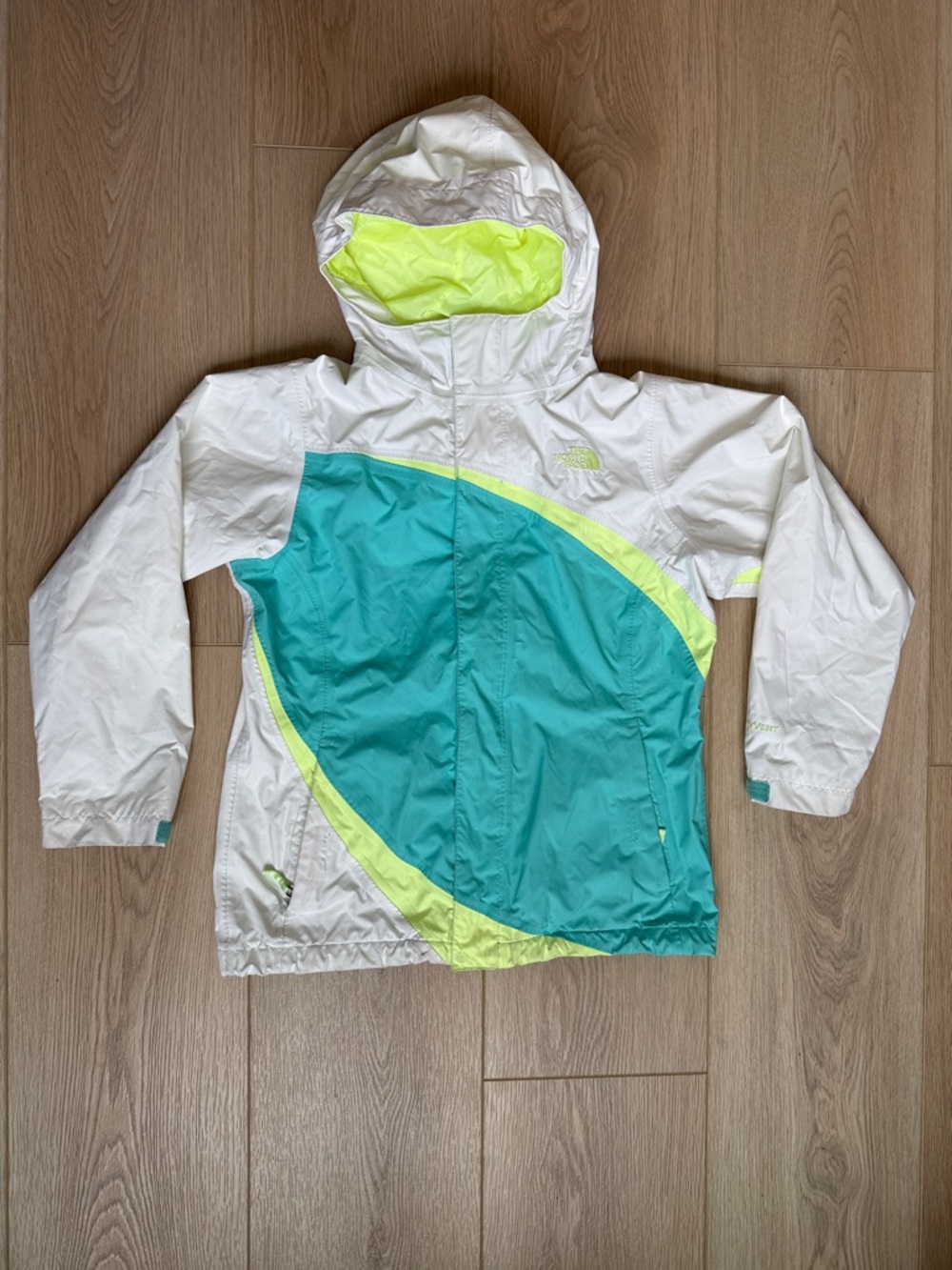 Windbreaker Rain Jacket Teal White Neon The North Face HyVent Waterproof Girls L